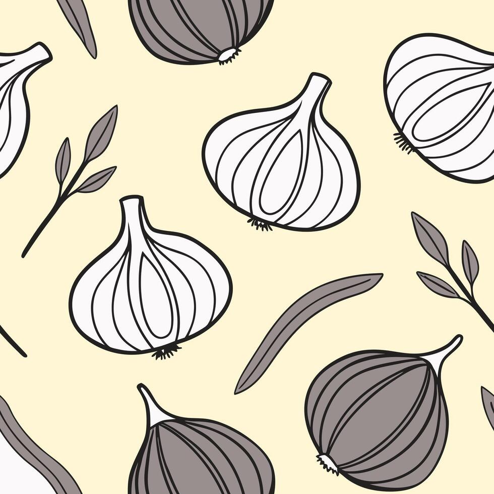 Seamless pattern of garlic and leaves on yellow background vector