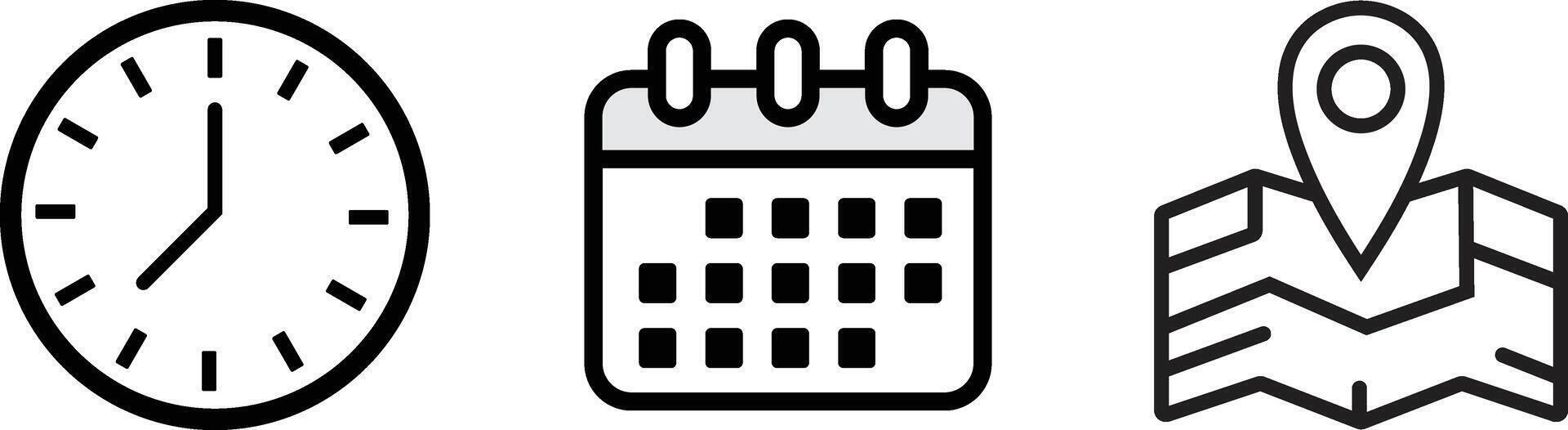 Time, Date and Location line Icon Set. Single high quality outline symbol for web design or mobile app vector