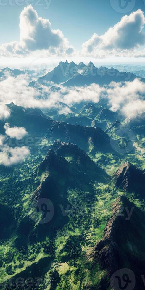 Stunning mountain landscape with lush green valleys and clouds photo
