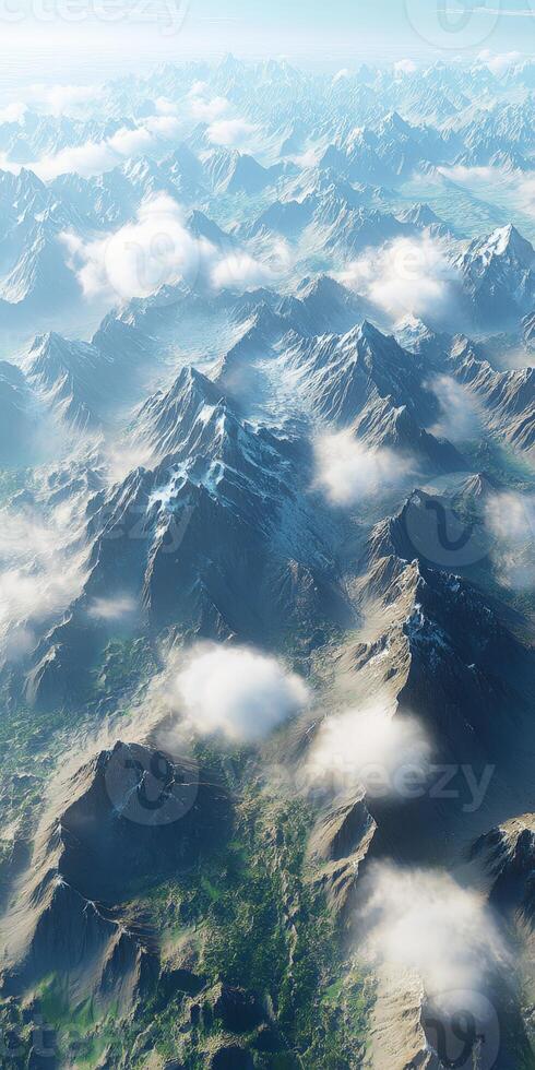 Majestic mountain range shrouded in clouds at sunrise photo