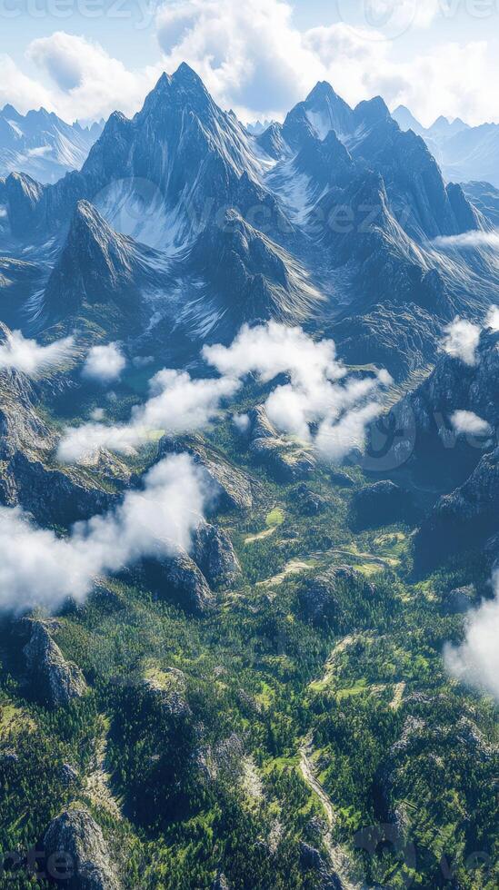 Majestic mountain landscape with lush valleys and clouds photo