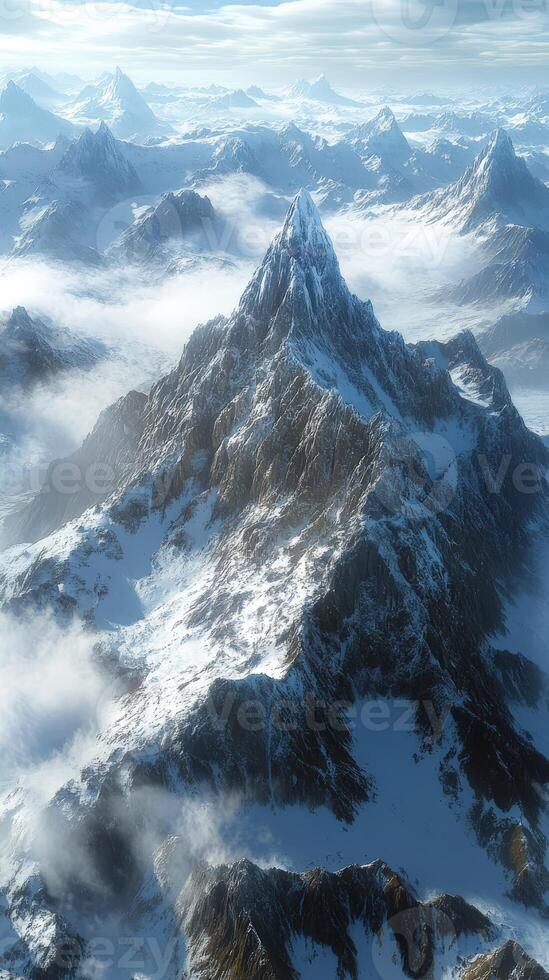 Snow-covered mountain peaks rise above the clouds in daylight photo