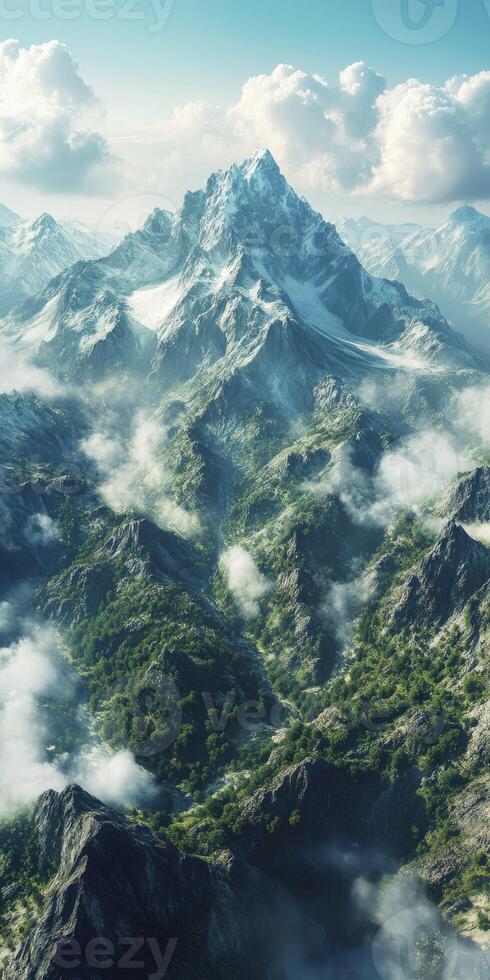 Majestic mountain landscape with lush green valleys visible photo