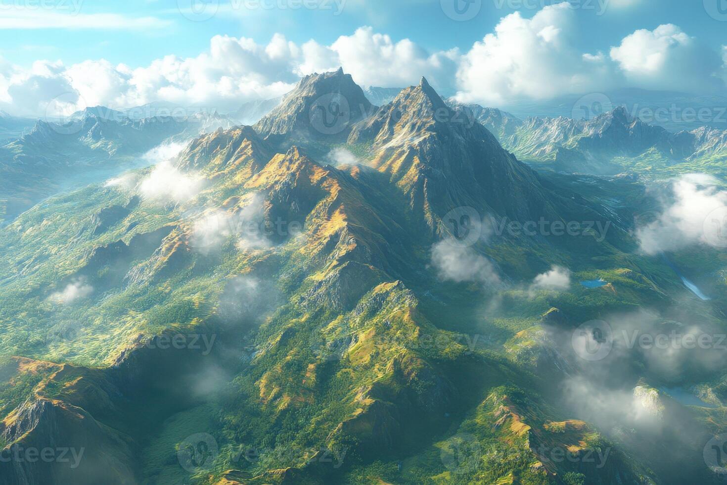 Majestic mountain range under a blue sky with clouds photo