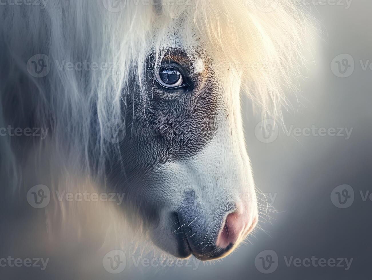 Majestic white pony with a flowing mane in soft light photo