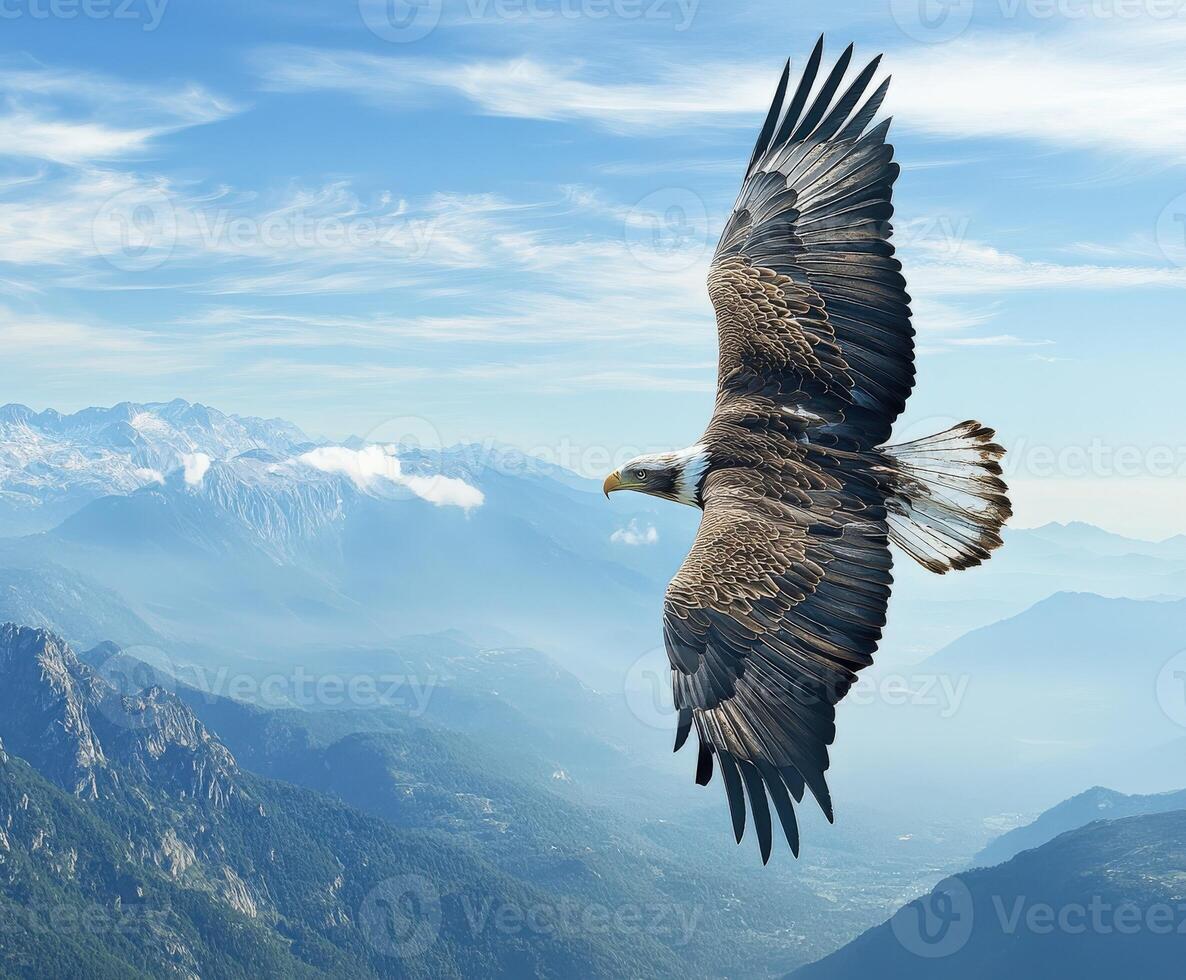 Majestic eagle soaring over mountain landscape in daylight photo