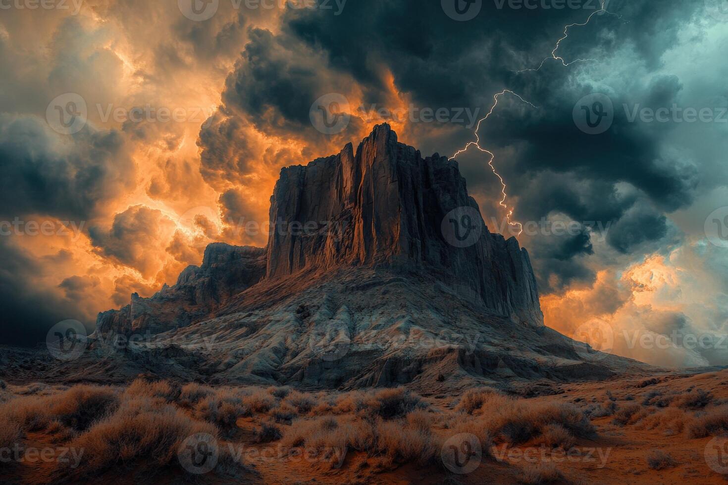 Dramatic thunderstorm over a majestic desert rock formation photo