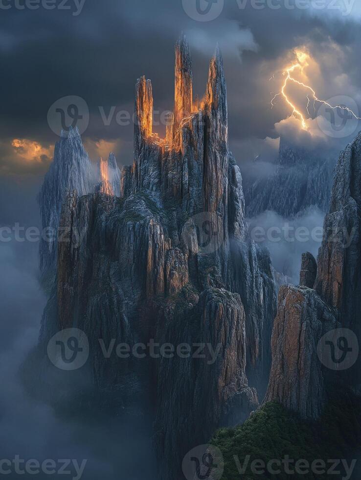 Majestic rocky peaks illuminated by lightning at dusk photo