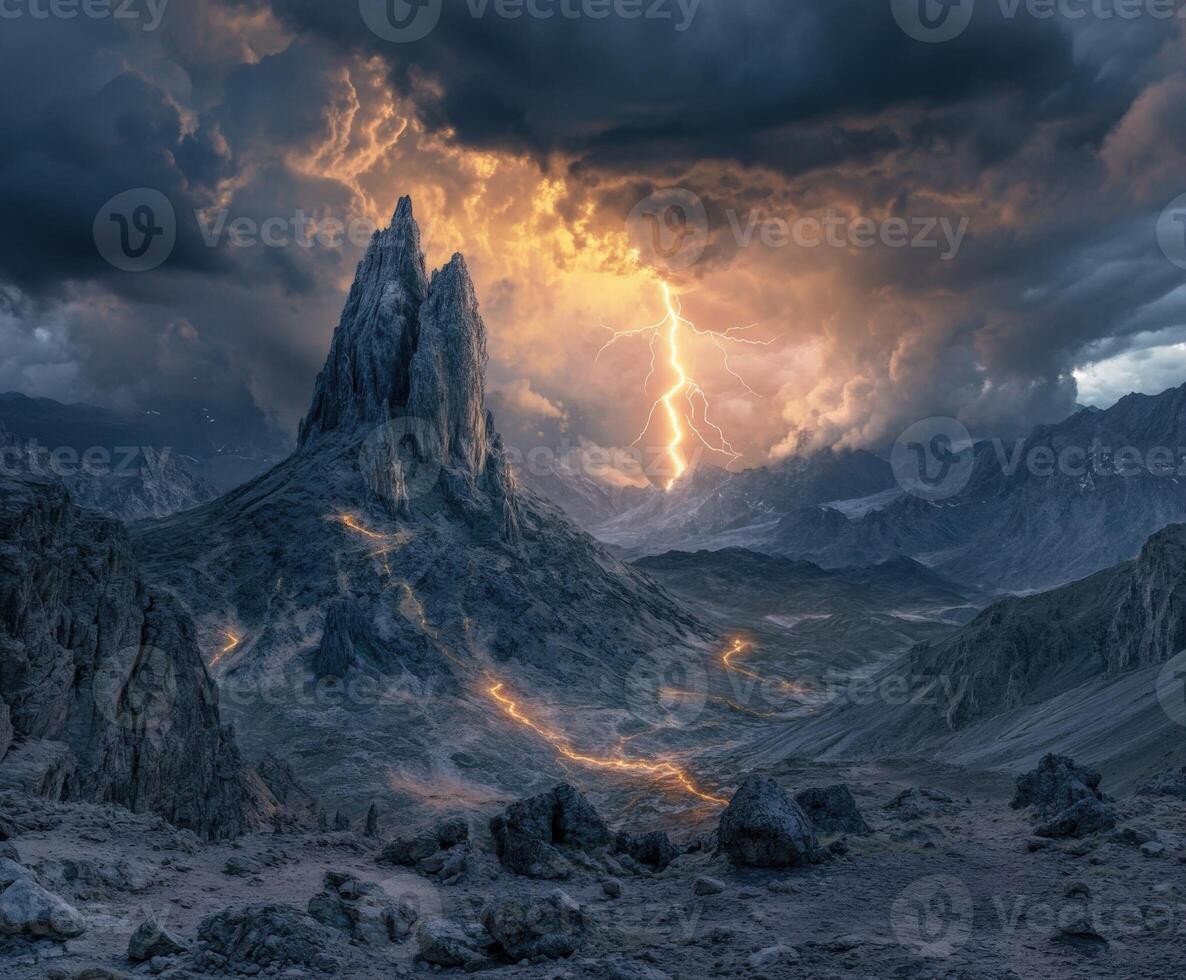 Dramatic landscape with lightning striking mountain peak photo