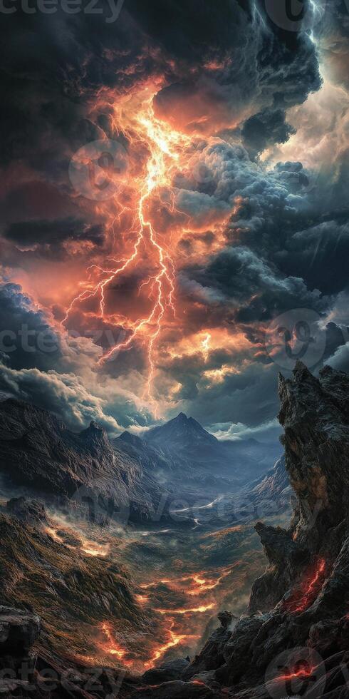 Dramatic thunderstorm illuminates mountain valley at dusk photo
