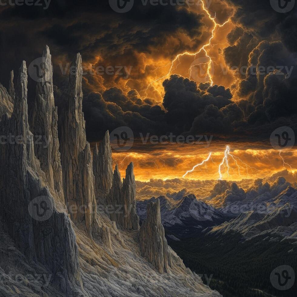 Dark clouds and lightning illuminate rugged mountain peaks photo
