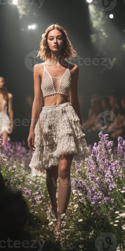 Models showcase summer collection on floral runway photo