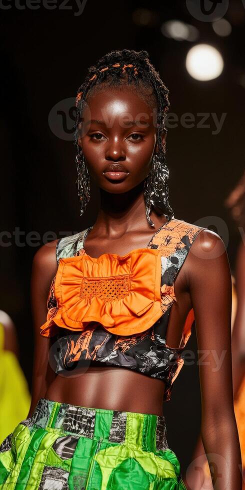 Model showcases vibrant design on fashion runway in city photo