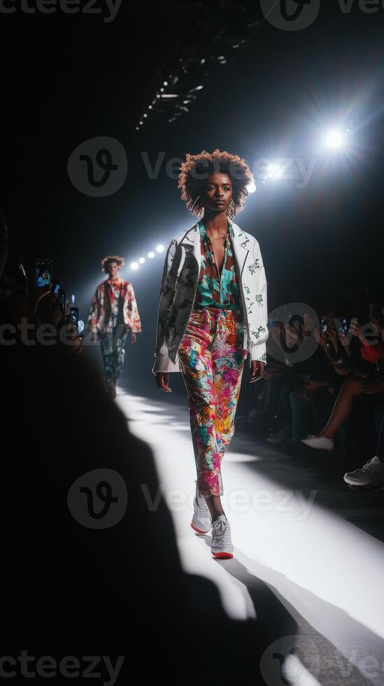 Fashion models showcase vibrant designs on runway during event photo
