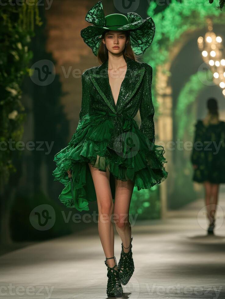Model showcases elegant green outfit on fashion runway photo