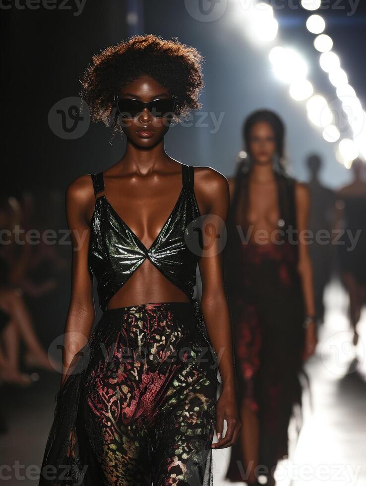 Model walks the runway in striking fashion during show photo