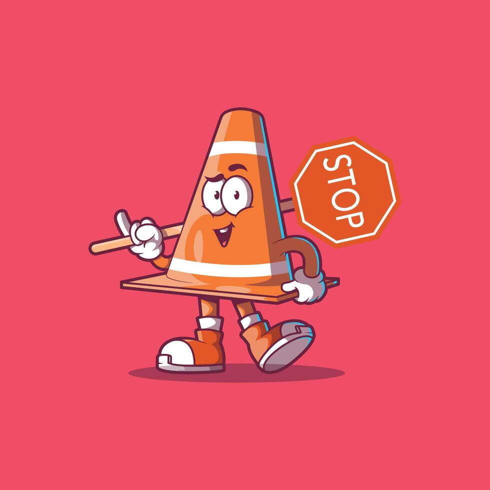 The safety character cone is holding a stop sign. vector