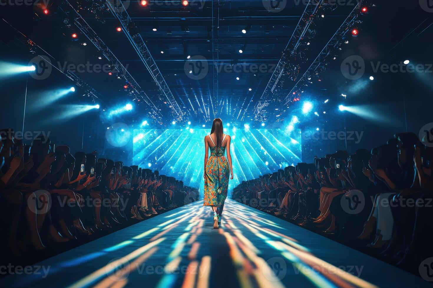 Fashion model walks down runway at vibrant show event photo