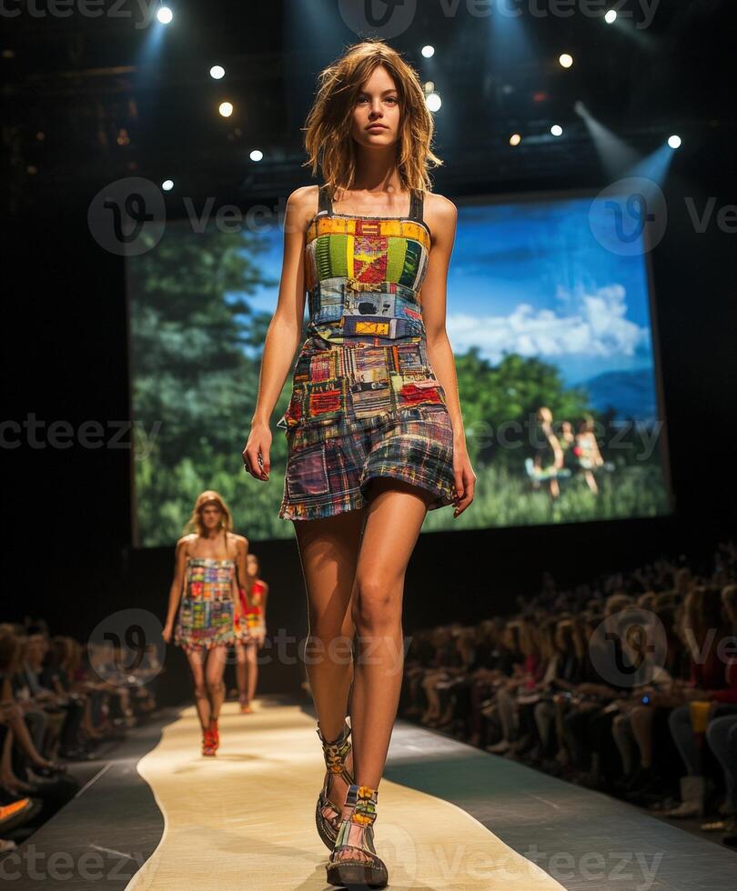 Fashion models showcase colorful attire on the runway photo