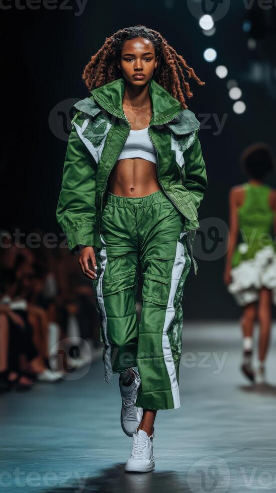 Vibrant fashion runway showcase featuring bold green outfits photo