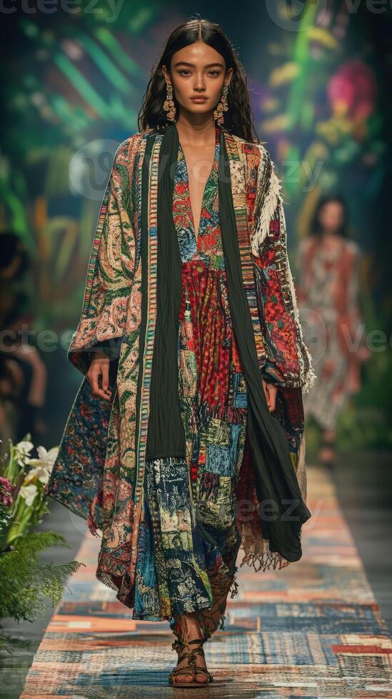 Fashion runway display featuring vibrant, eclectic garments photo