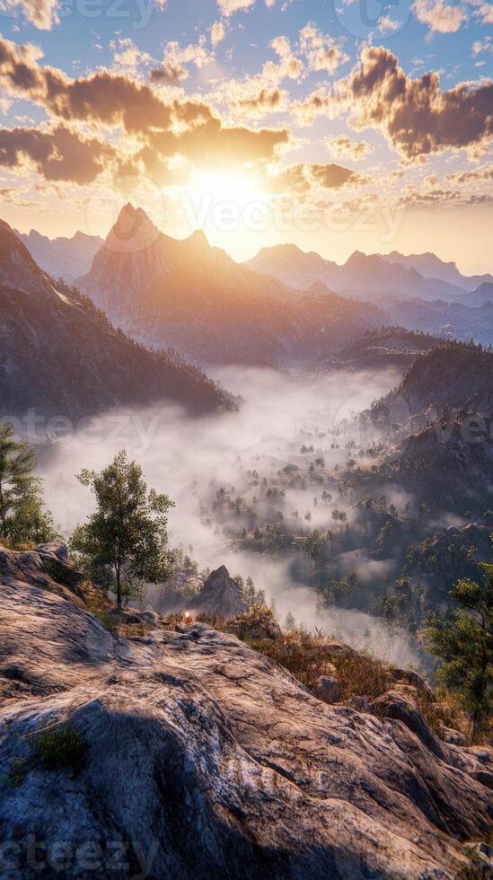 The sun rises over a mountain range with fog and trees photo