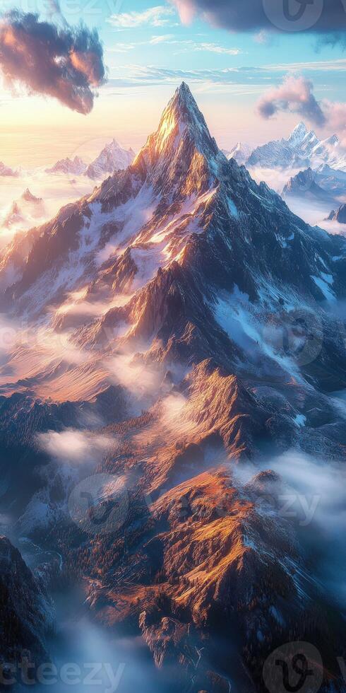 A mountain range with clouds and snow photo