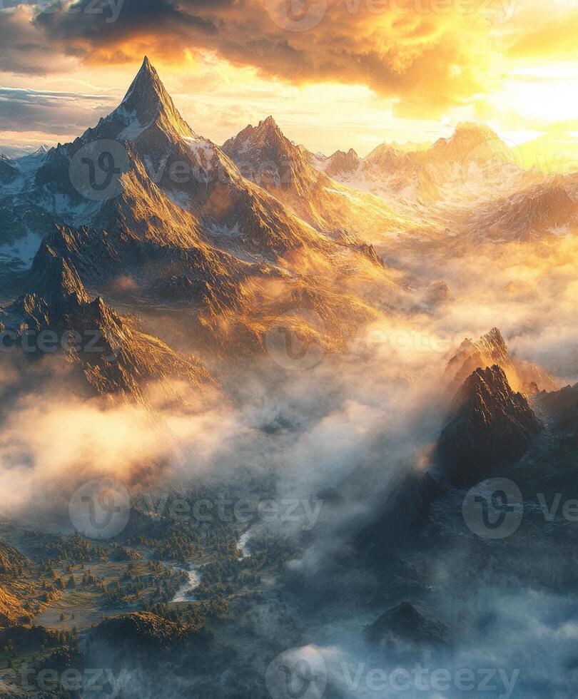 The sun is setting over a mountain range photo