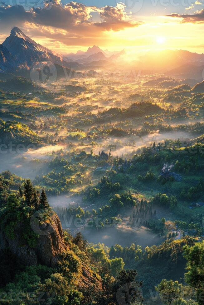 The sun rises over a valley with trees and mountains photo