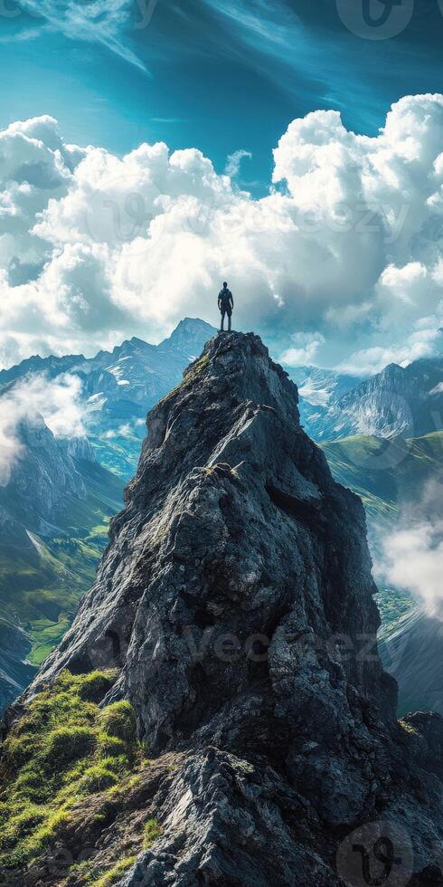 Man standing on top of mountain with clouds and blue sky photo