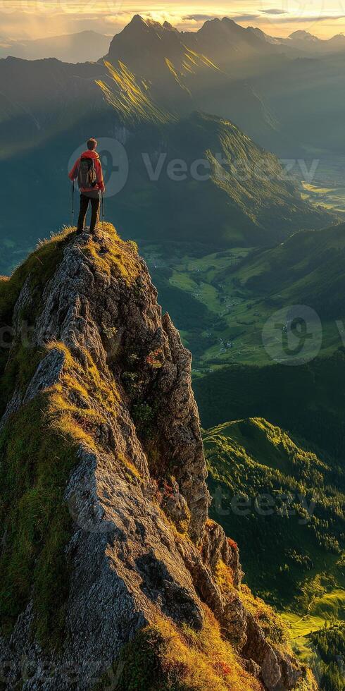 Man standing on top of a mountain at sunset photo