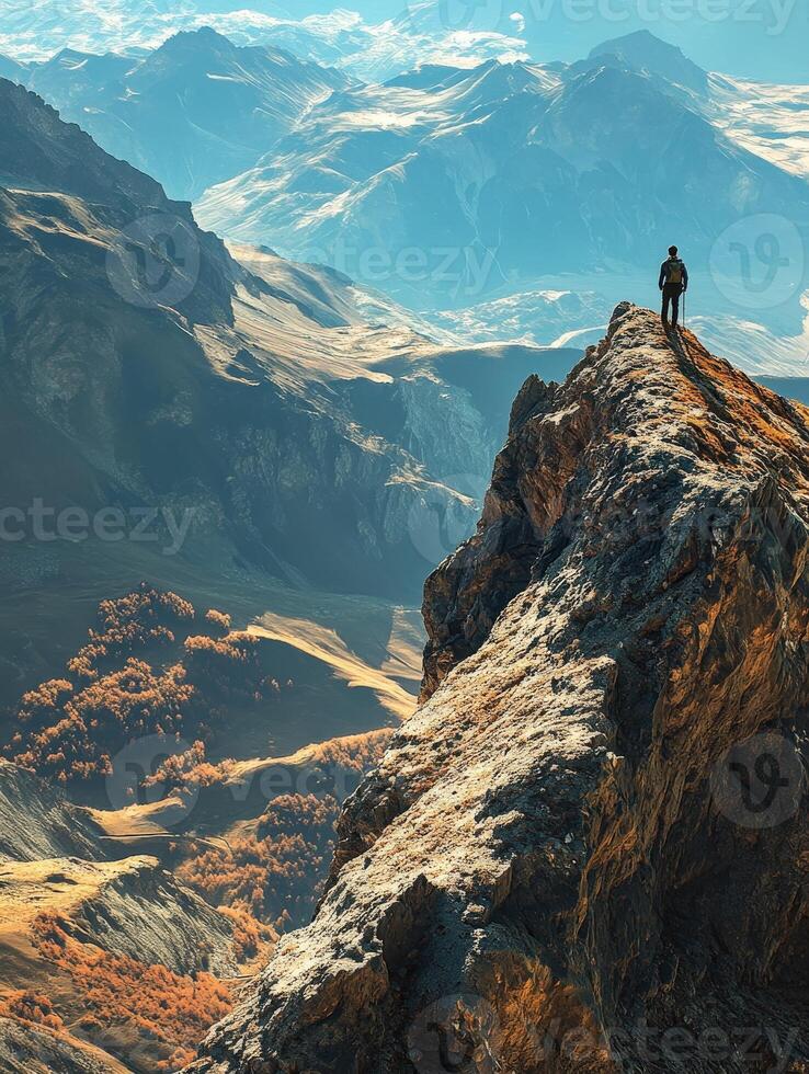 A man standing on top of a mountain overlooking the valley photo