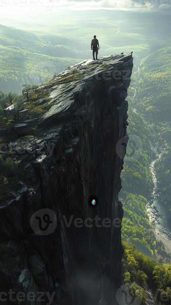 A man standing on top of a cliff overlooking a valley photo