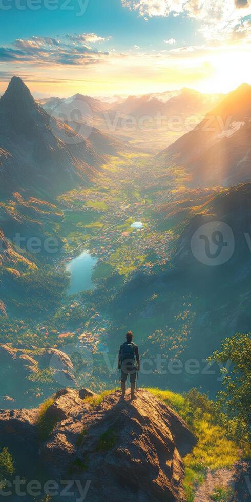 A man standing on top of a mountain overlooking a valley photo