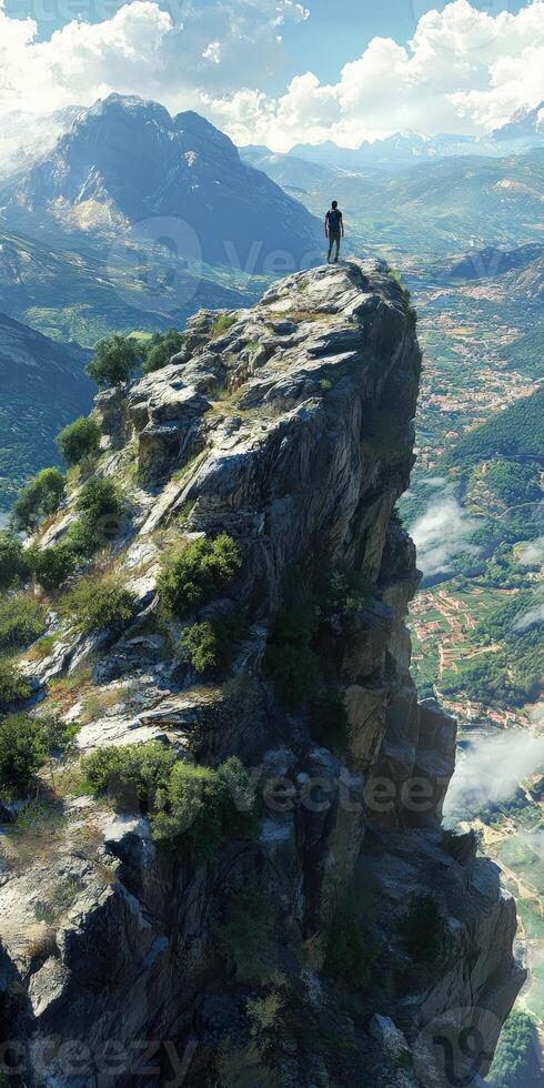 A man standing on top of a mountain overlooking a valley photo