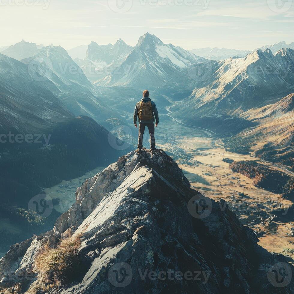 Man standing on top of mountain with mountains in background photo