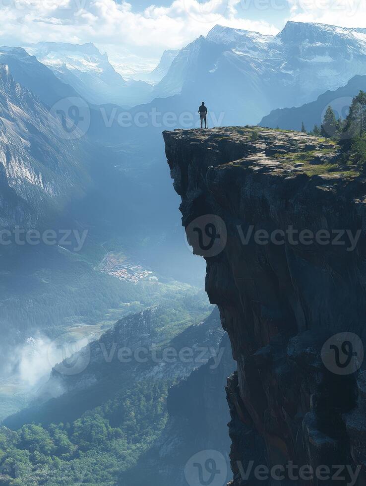 A man stands on the edge of a cliff overlooking a valley photo