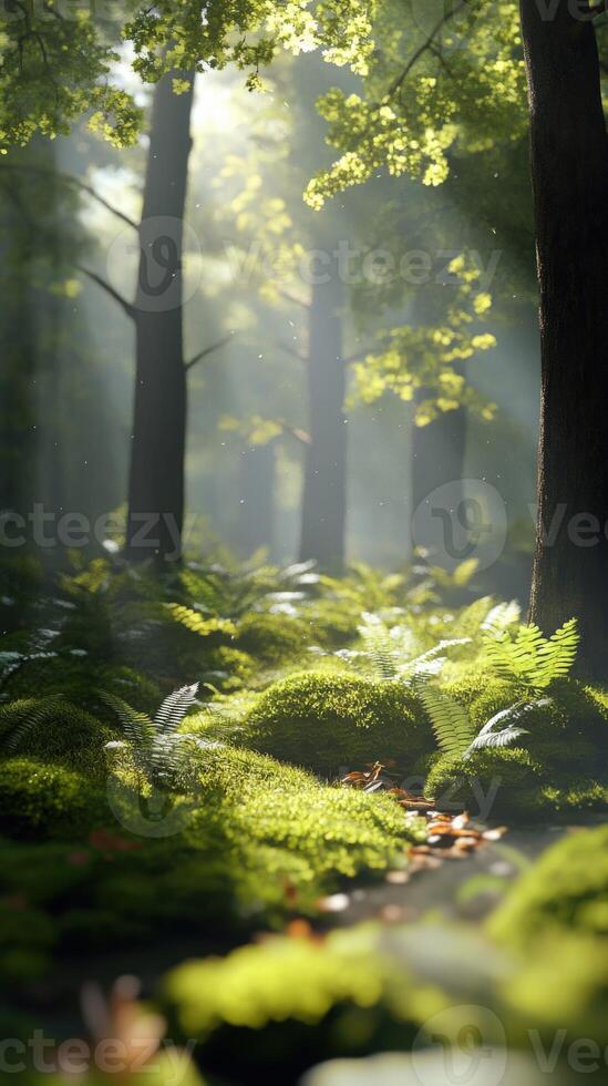 A forest with green moss and trees photo