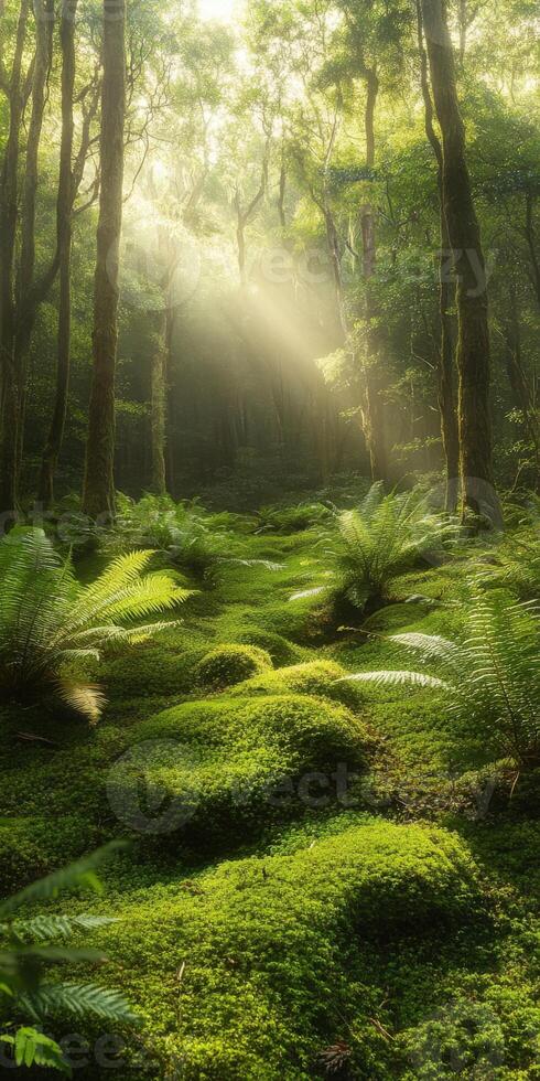 A forest with green grass and ferns photo