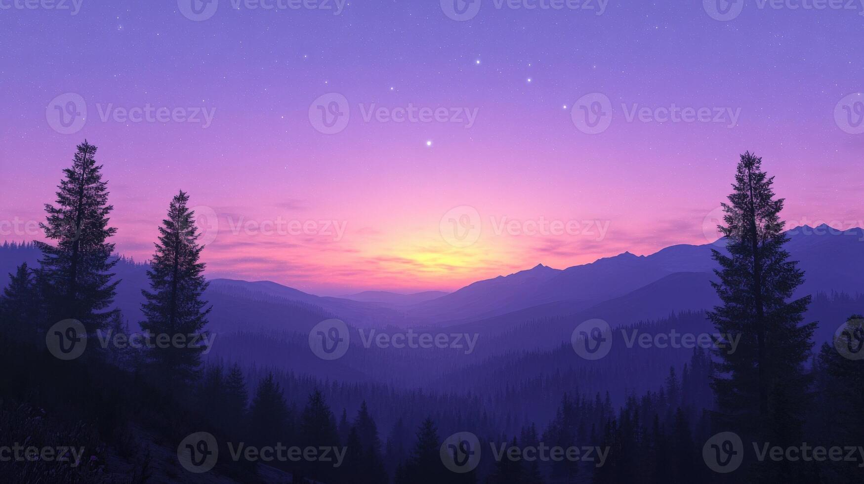 A purple sunset over a mountain range with trees photo