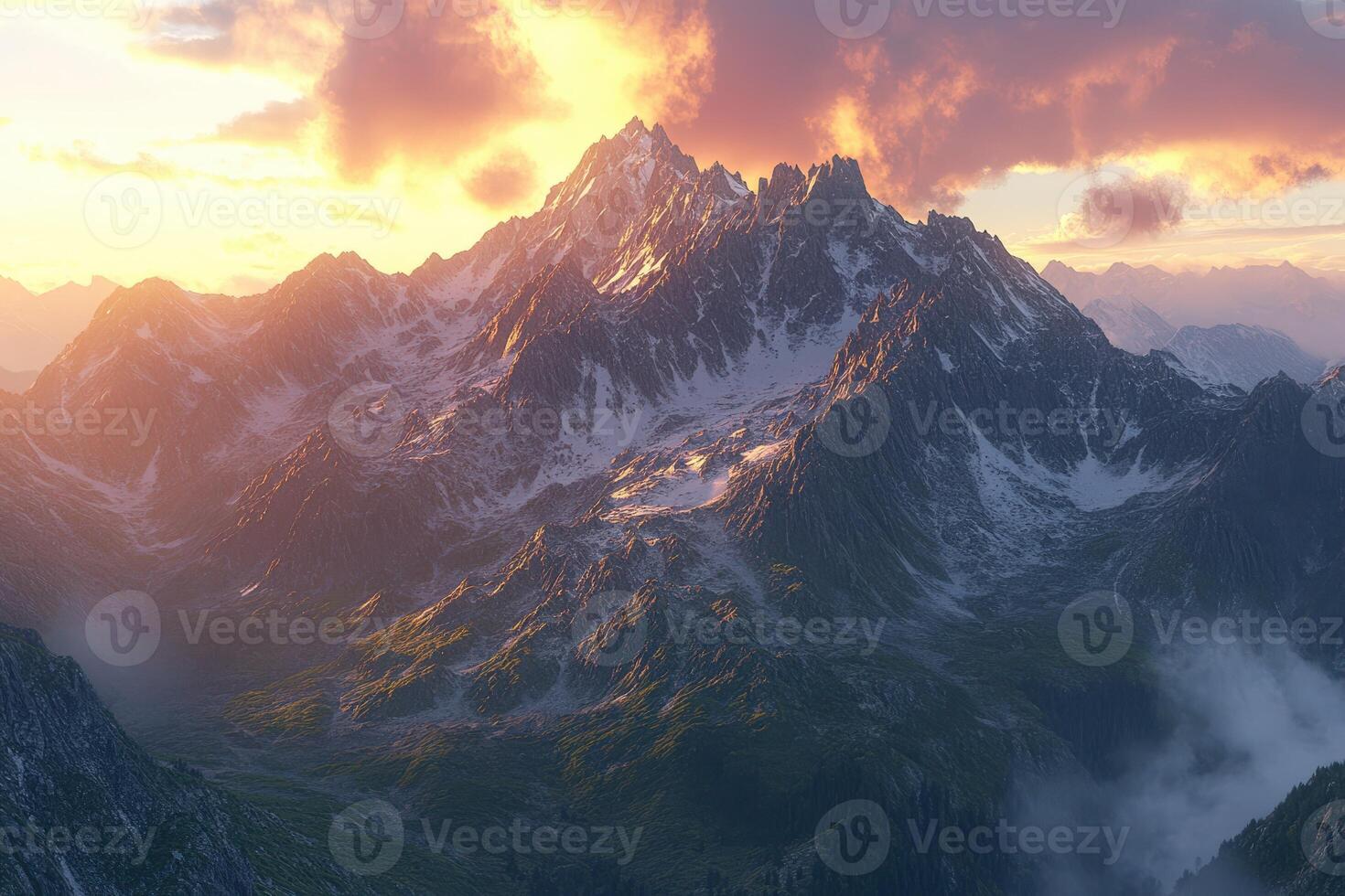 A mountain range with clouds and sun setting over it photo