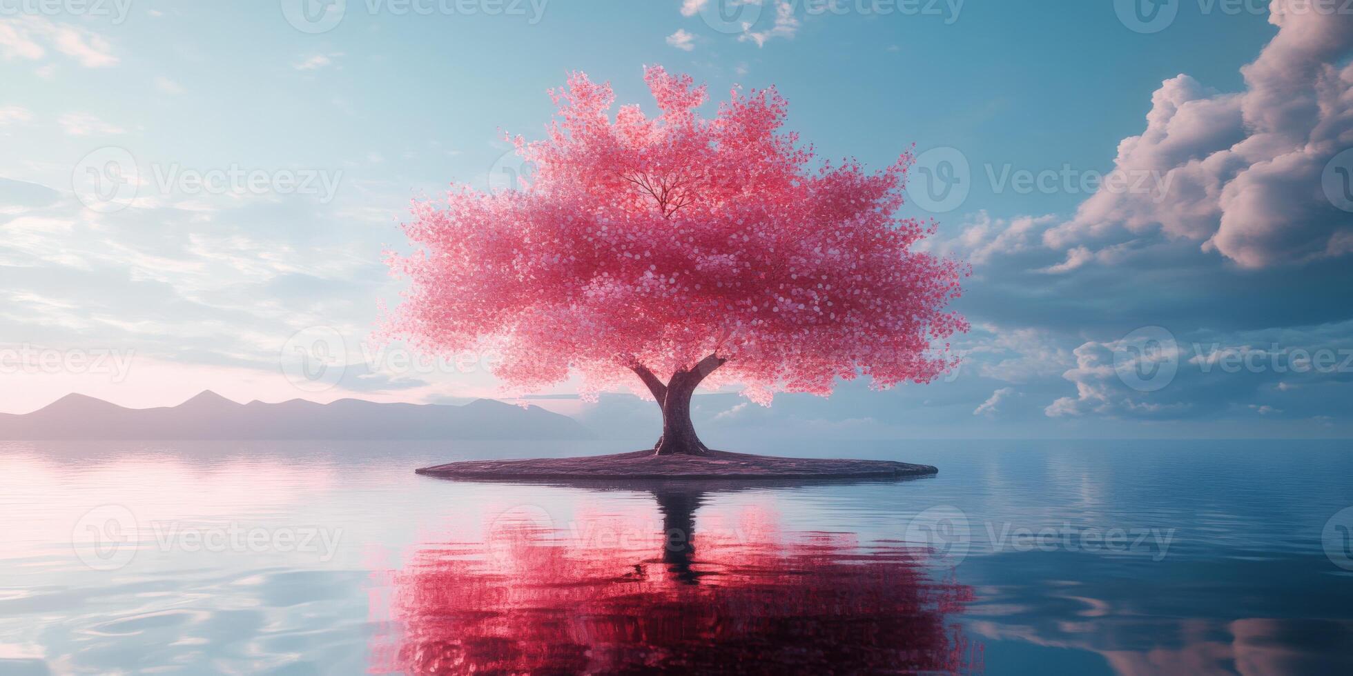 A pink tree is standing on a small island in the middle of a lake photo