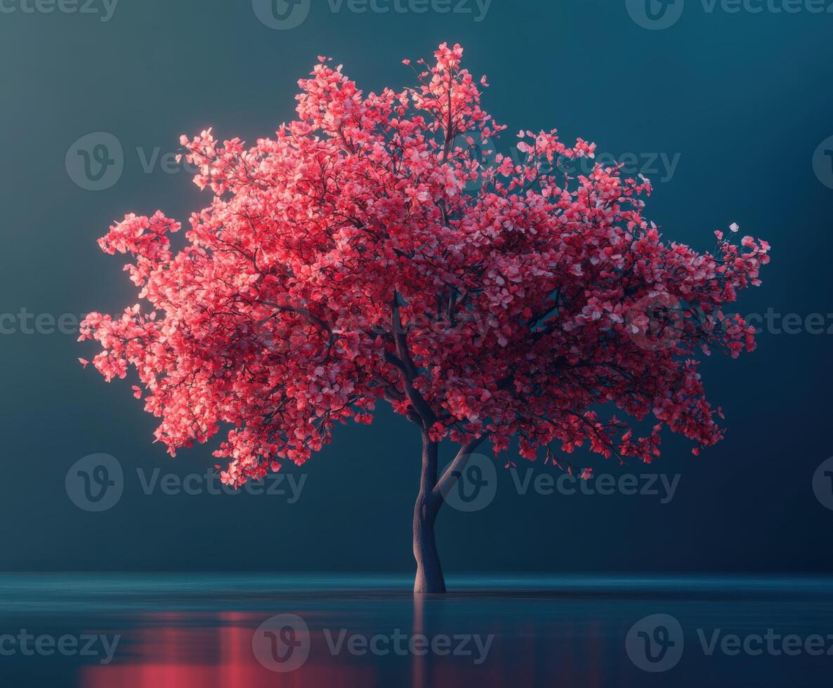 A pink tree is standing in front of a blue background photo