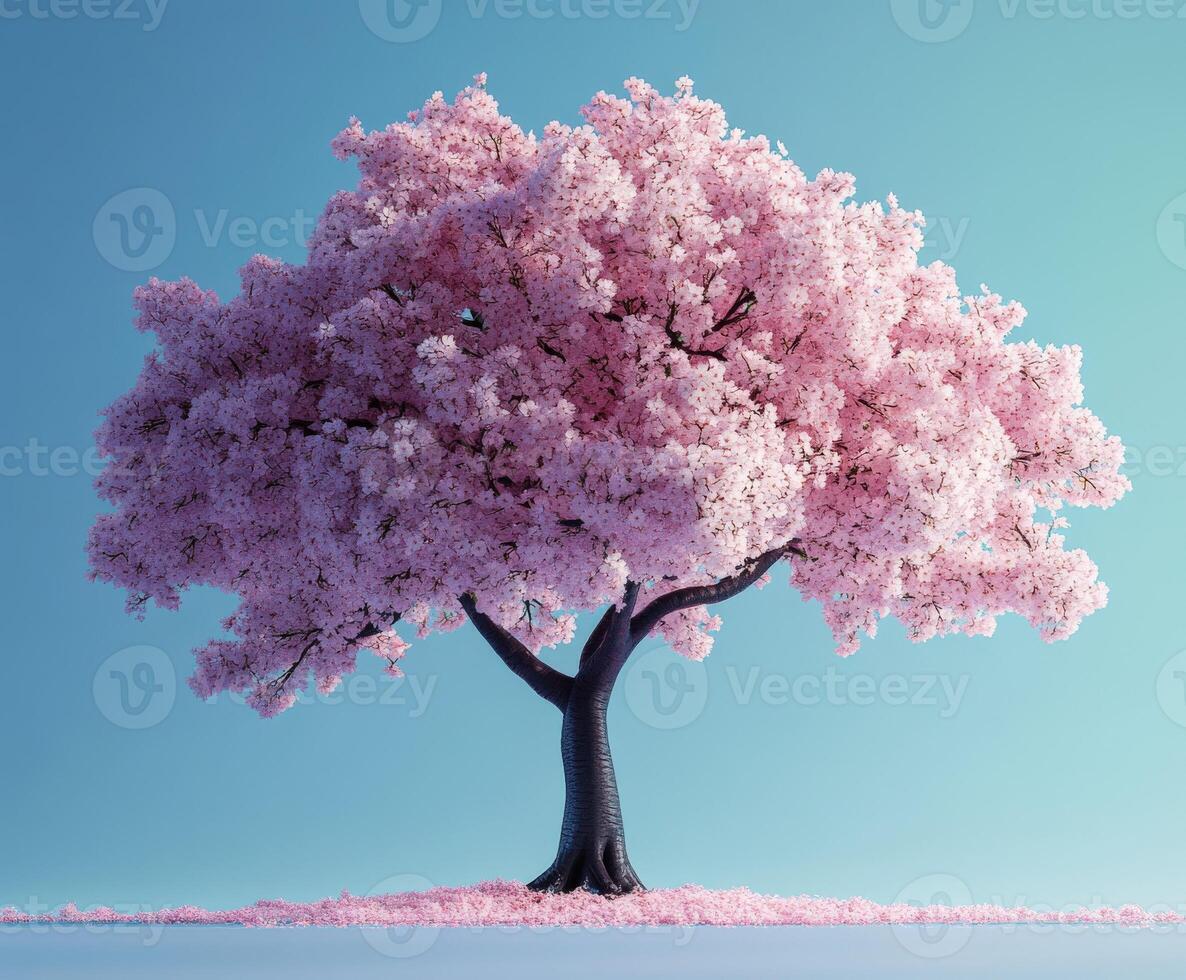 A pink tree is shown in front of a blue sky photo