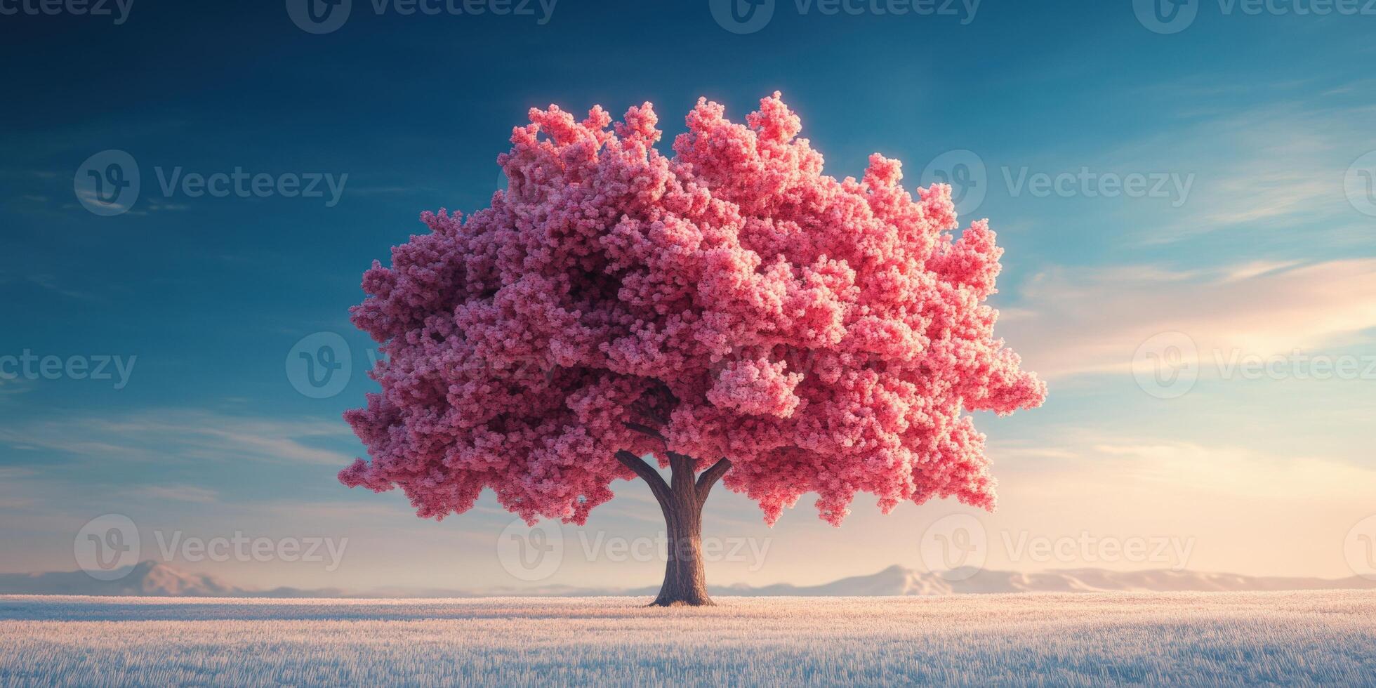 A pink tree stands alone in a field photo