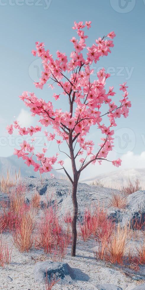 A pink tree in the middle of a desert photo