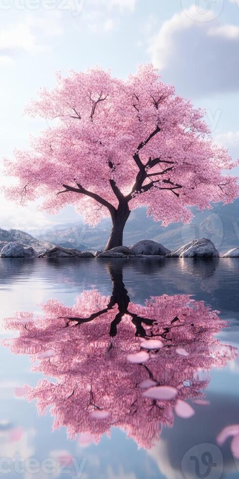 A tree with pink blossoms is reflected in the water photo