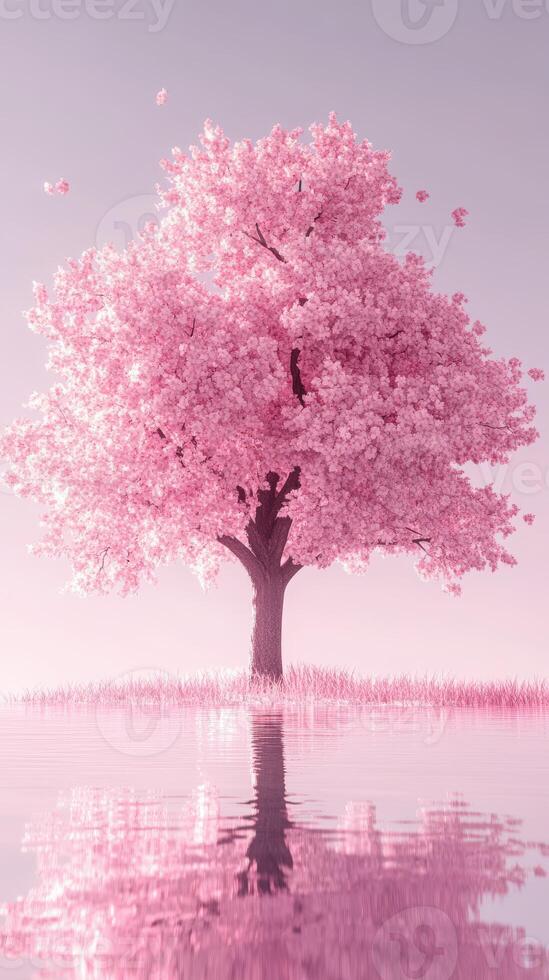 A pink tree is reflected in the water photo