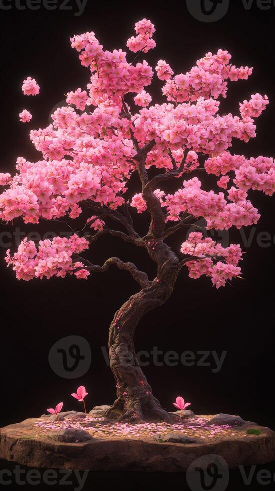 A pink cherry blossom tree on a black background photo