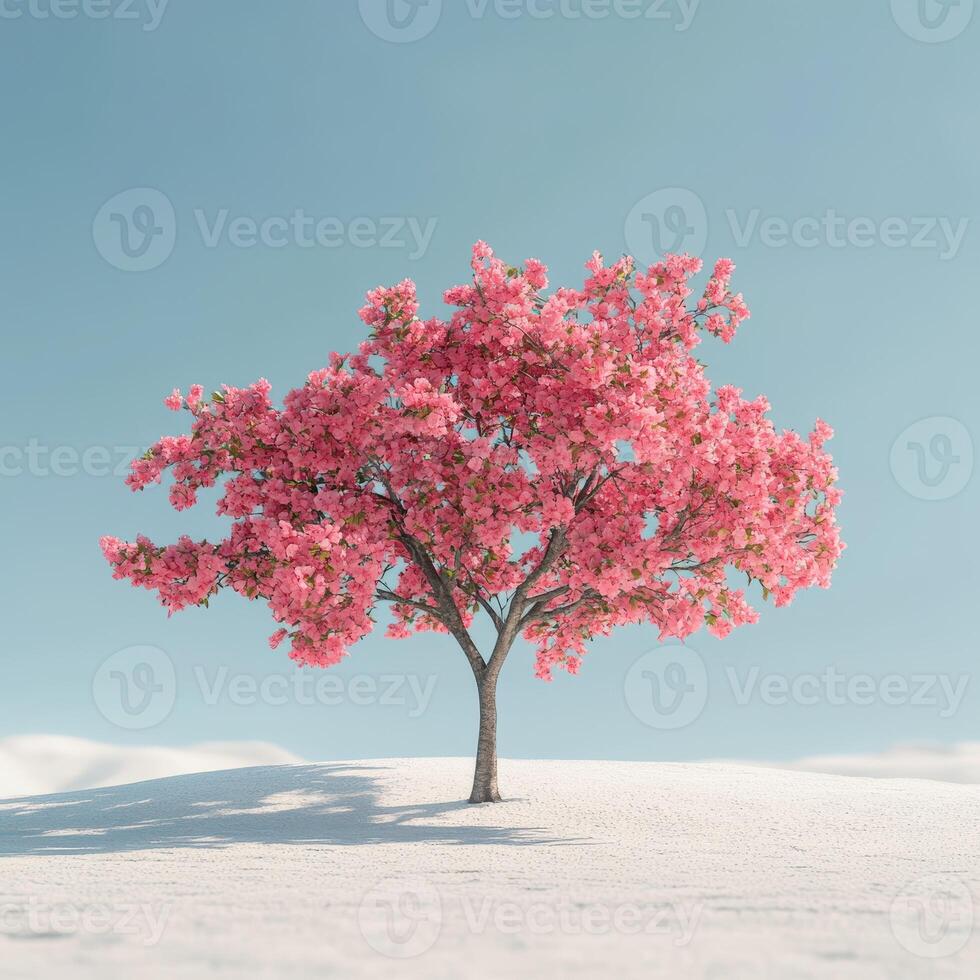 A single pink tree is standing in the snow photo